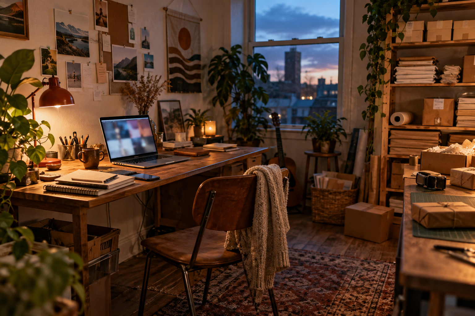 An independent maker’s workspace with a laptop and customer orders