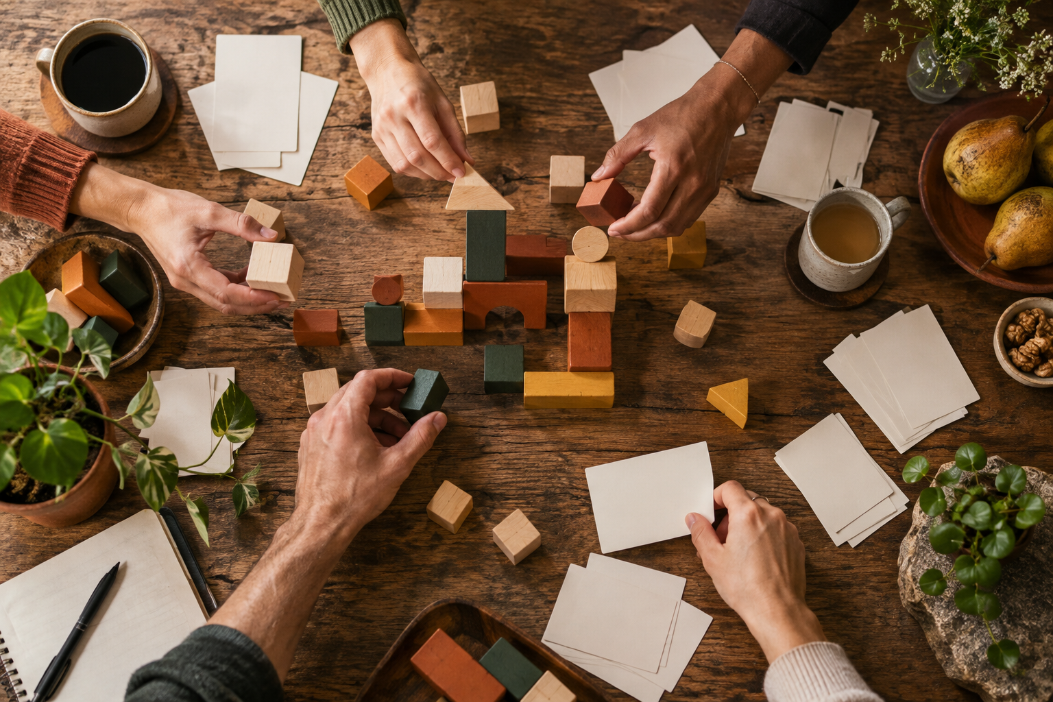 Hands arranging building blocks and planning cards around a shared table
