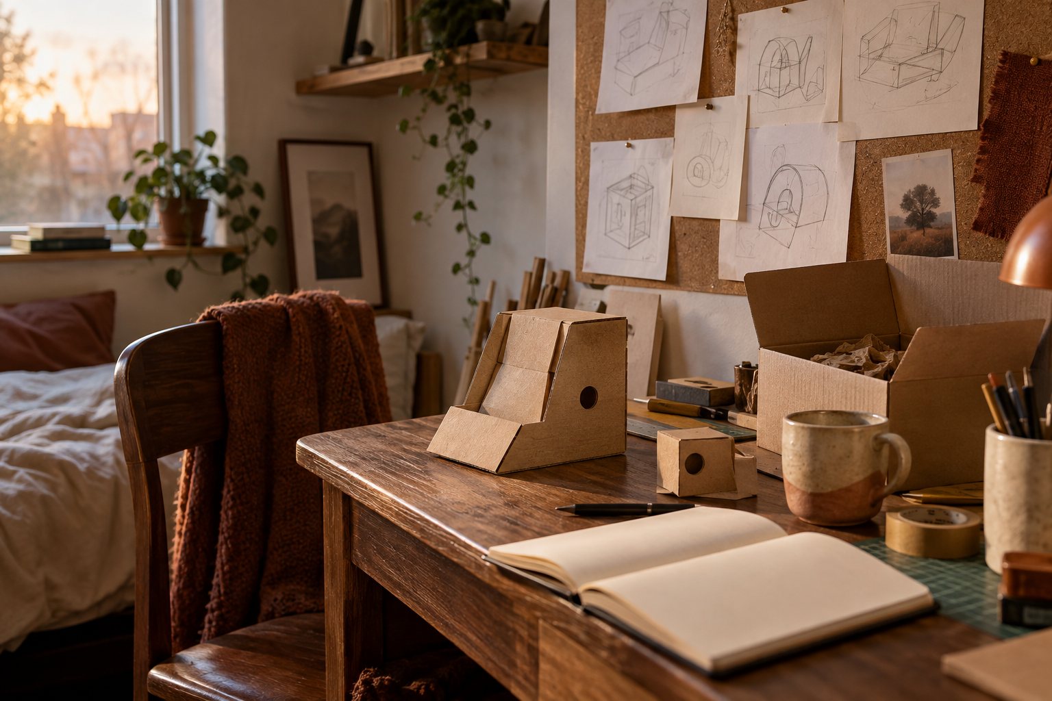 Early sketches and a first cardboard prototype on a founder’s desk
