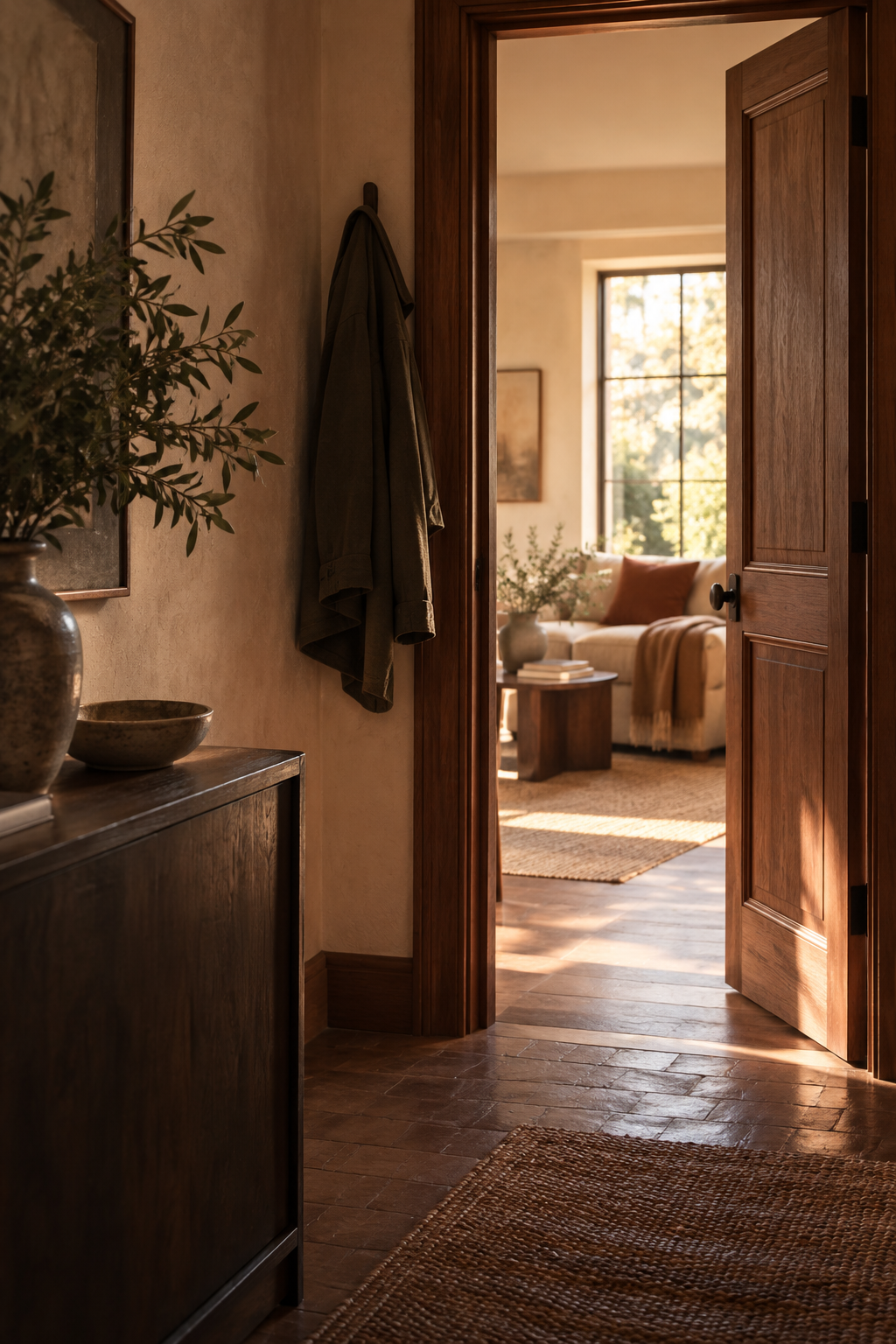An open doorway into a warm, welcoming room